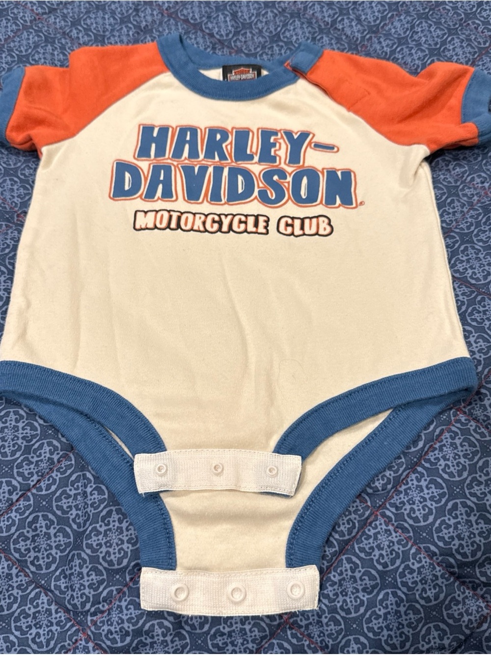 Harley-Davidson Baby One-Piece in White, Blue & Orange 6 to 9 moths